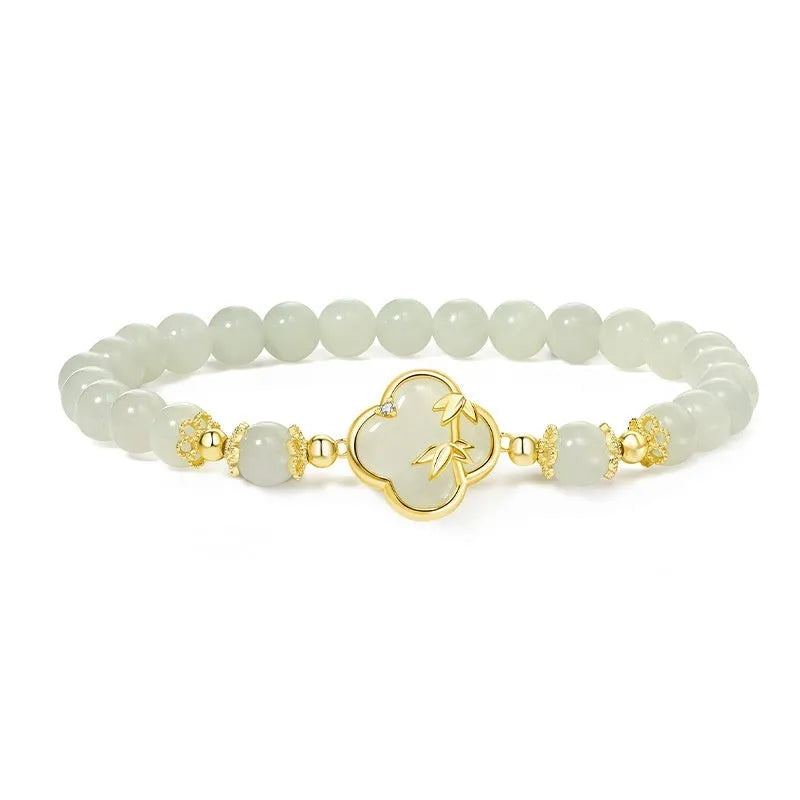 Hetian jade bracelet and necklace set with leaf design in bamboo green tone