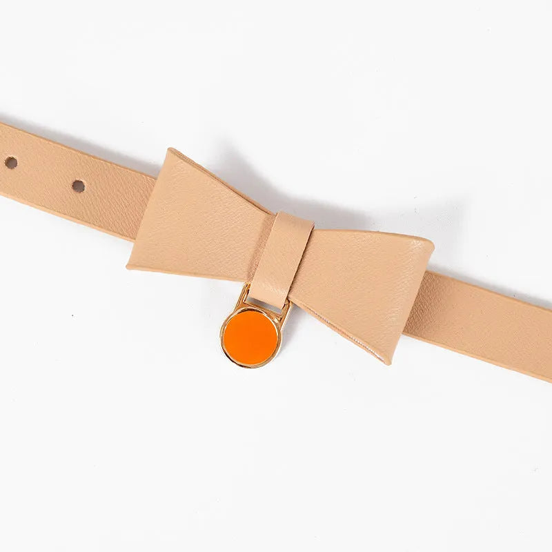 Brown leather cat collar with a metal bell on an adjustable strap.