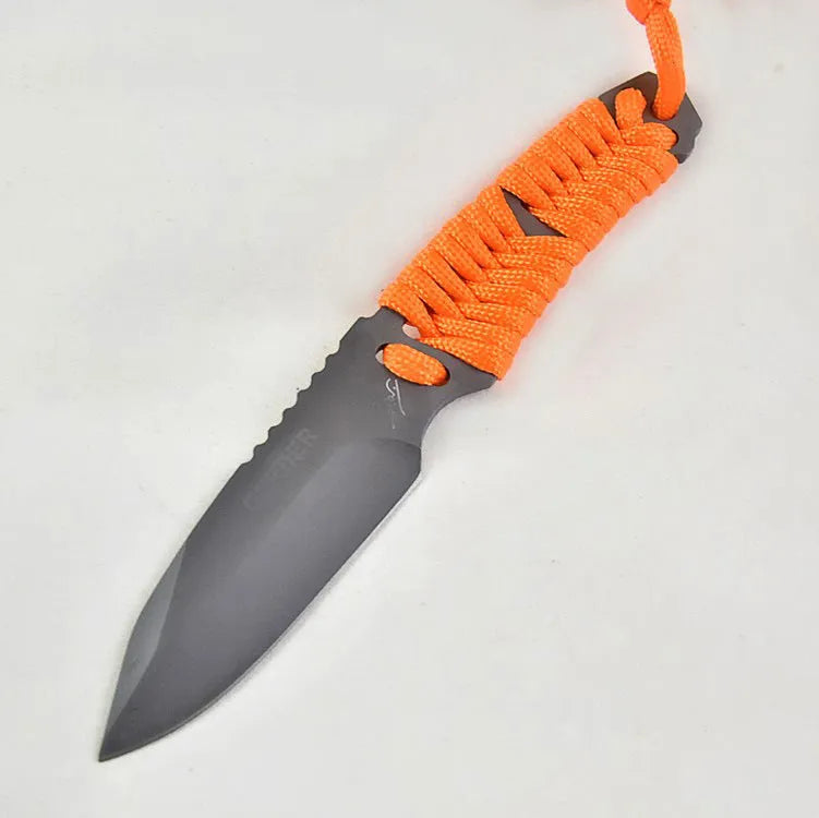 Camping survival knife with rope-wrapped handle and ABS sheath showing blade and full length
