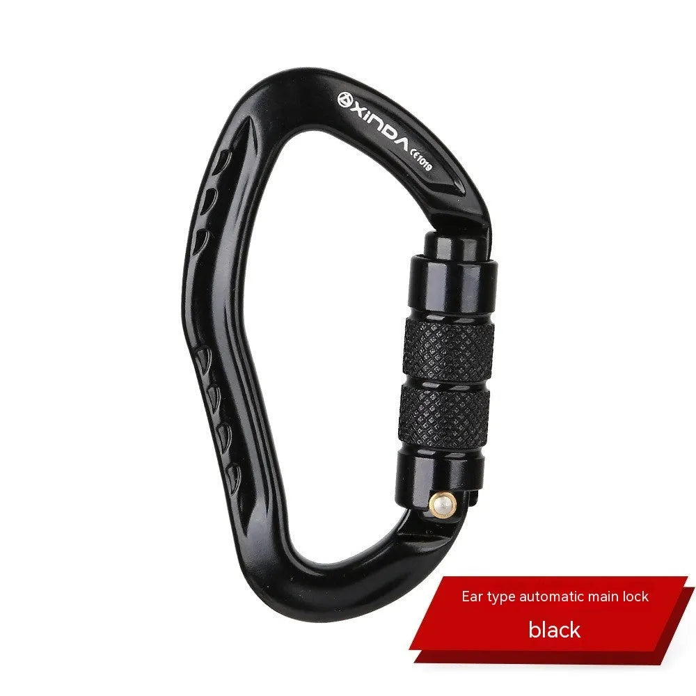 Automatic lock climbing carabiner in multiple colours: black, blue, orange, red, and silver