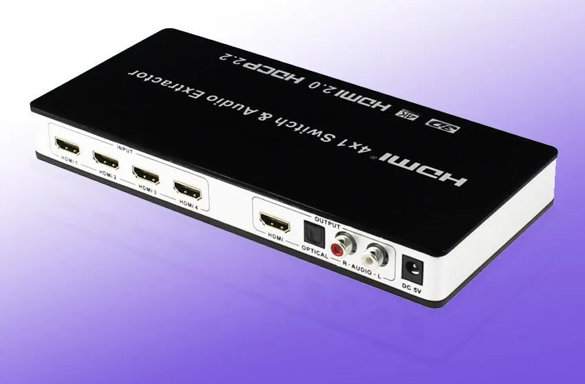 Black HDMI video switch with four input ports, remote control, and 10-metre cable for audio-visual setups