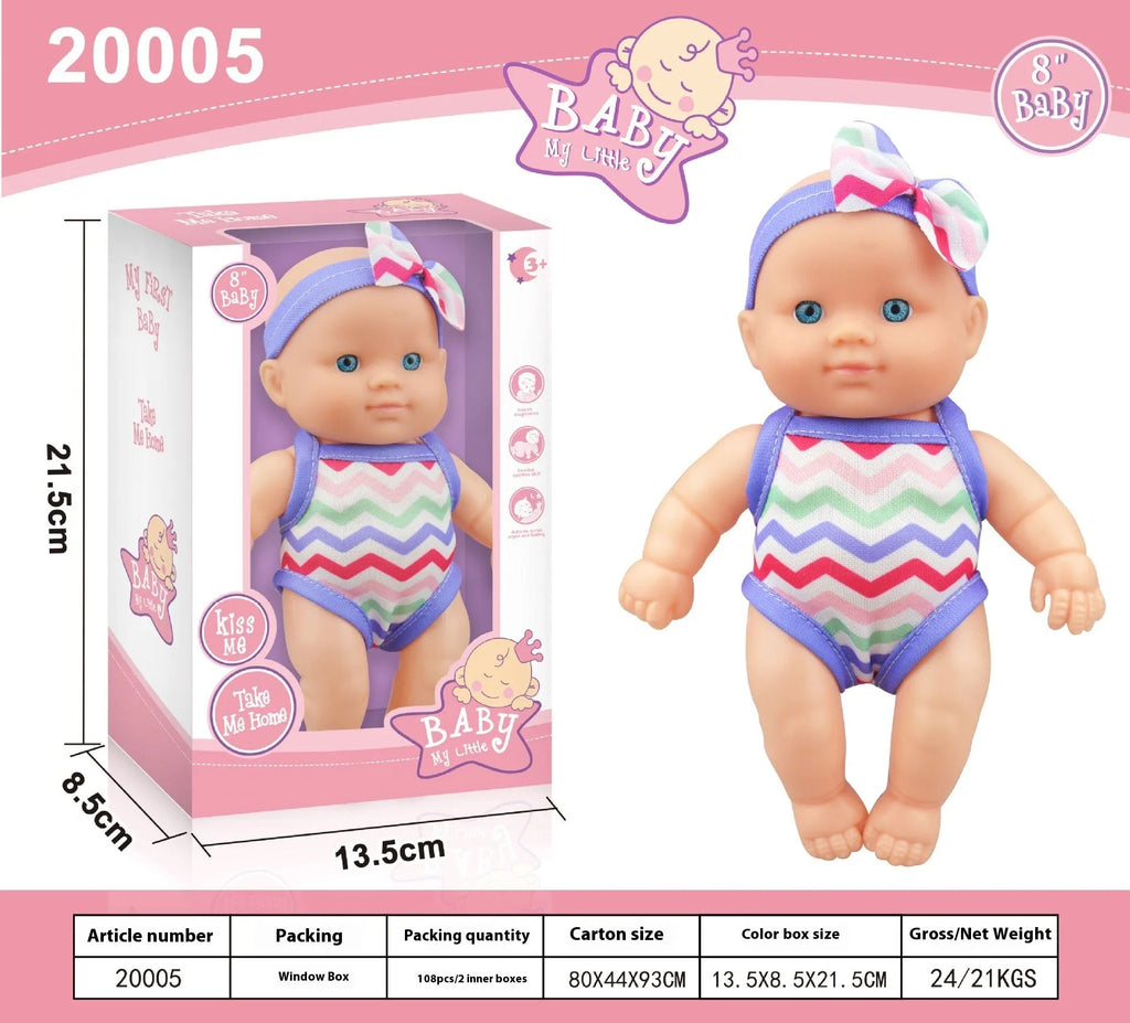 A 21.5cm tall vinyl simulation baby doll figurine in a colour box.