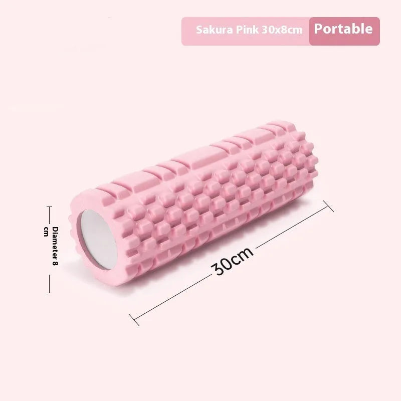 EVA foam roller fitness equipment in multiple sizes and colours including black, grey, pink, and sky blue options