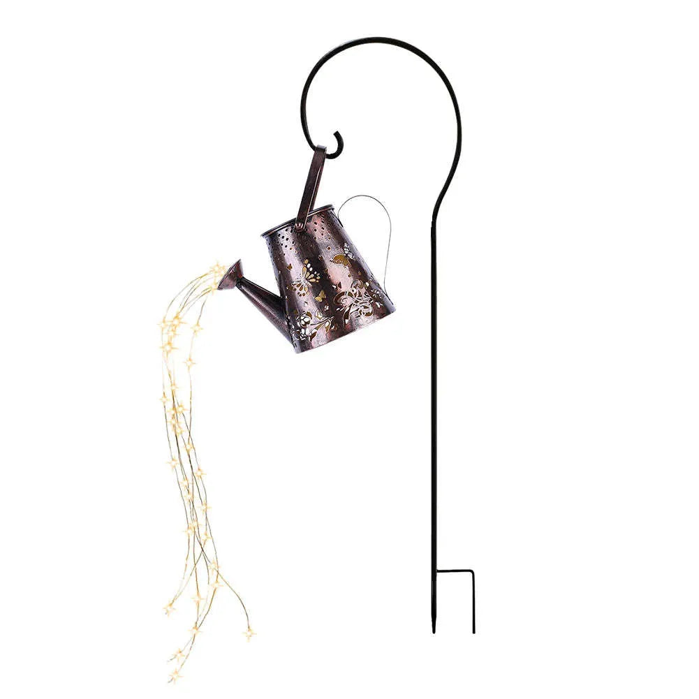 Solar-powered iron garden lantern with butterfly pattern and warm white LED light.
