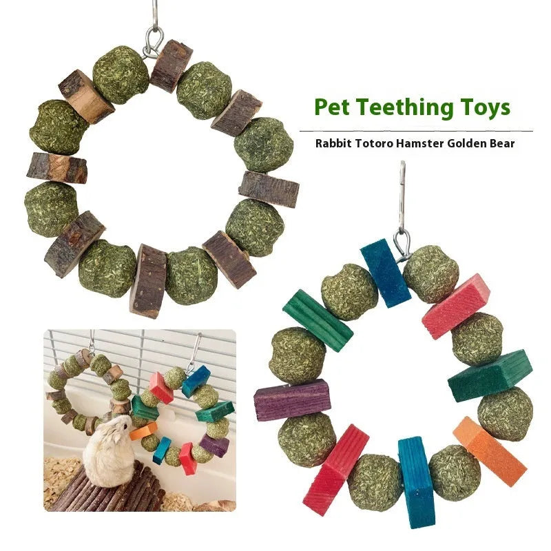 Hamster toy with Totoro-shaped rings, straw balls, and applewood molar rods for small pets