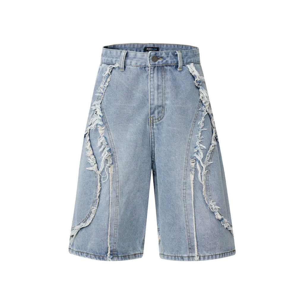 Distressed raw edge denim shorts in straight cut design with hip hop styling