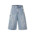 Distressed raw edge denim shorts in straight cut design with hip hop styling