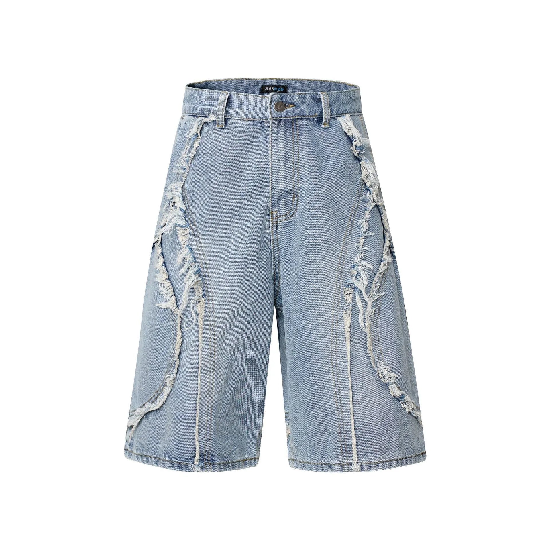 Distressed raw edge denim shorts in straight cut design with hip hop styling