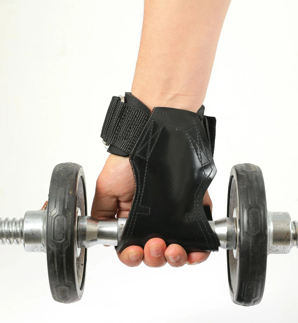 Black weightlifting booster hose with rubber palm protection and assist belts for grip training.