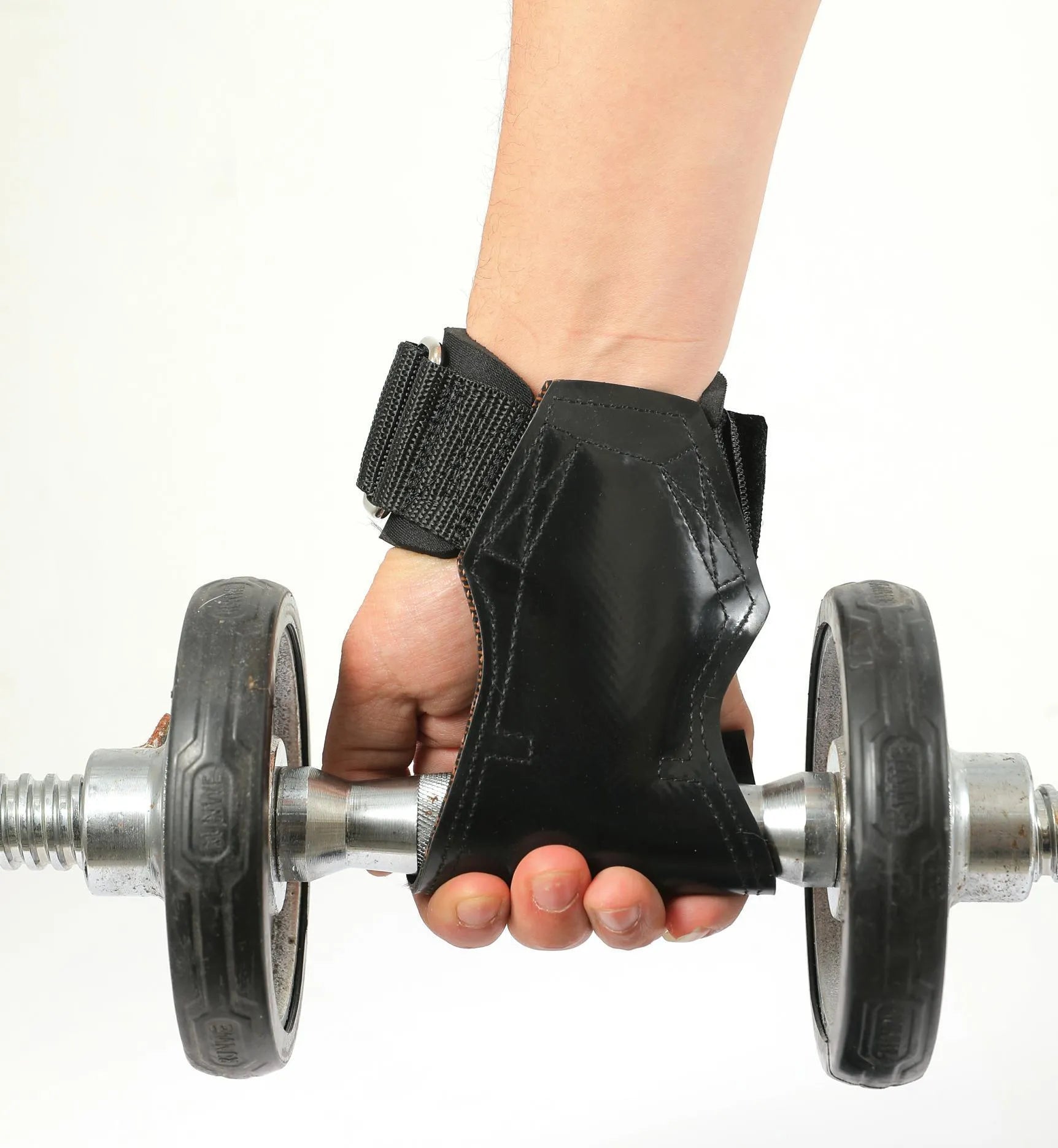 Black weightlifting booster hose with rubber palm protection and assist belts for grip training.