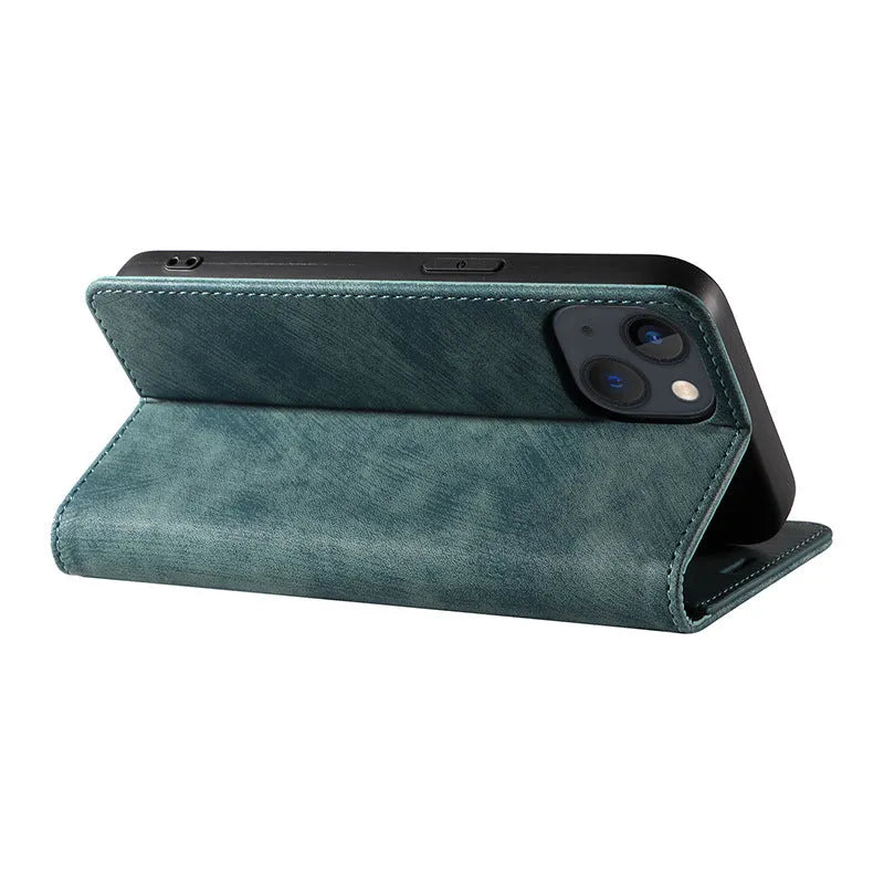Magnetic flip leather phone case for iPhone in various colours, showing front and back views.
