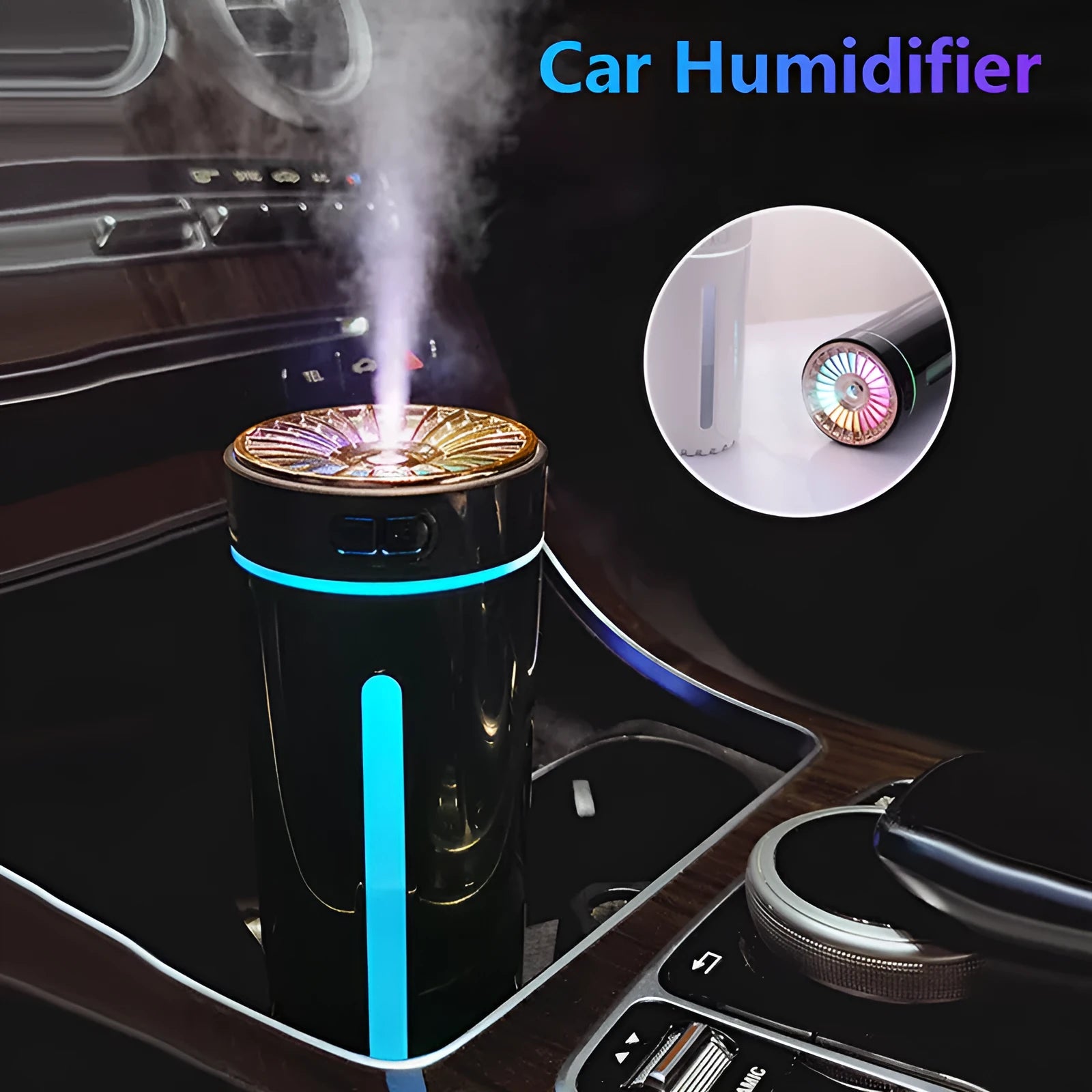Black portable USB humidifier with colourful lights on a car cup holder.