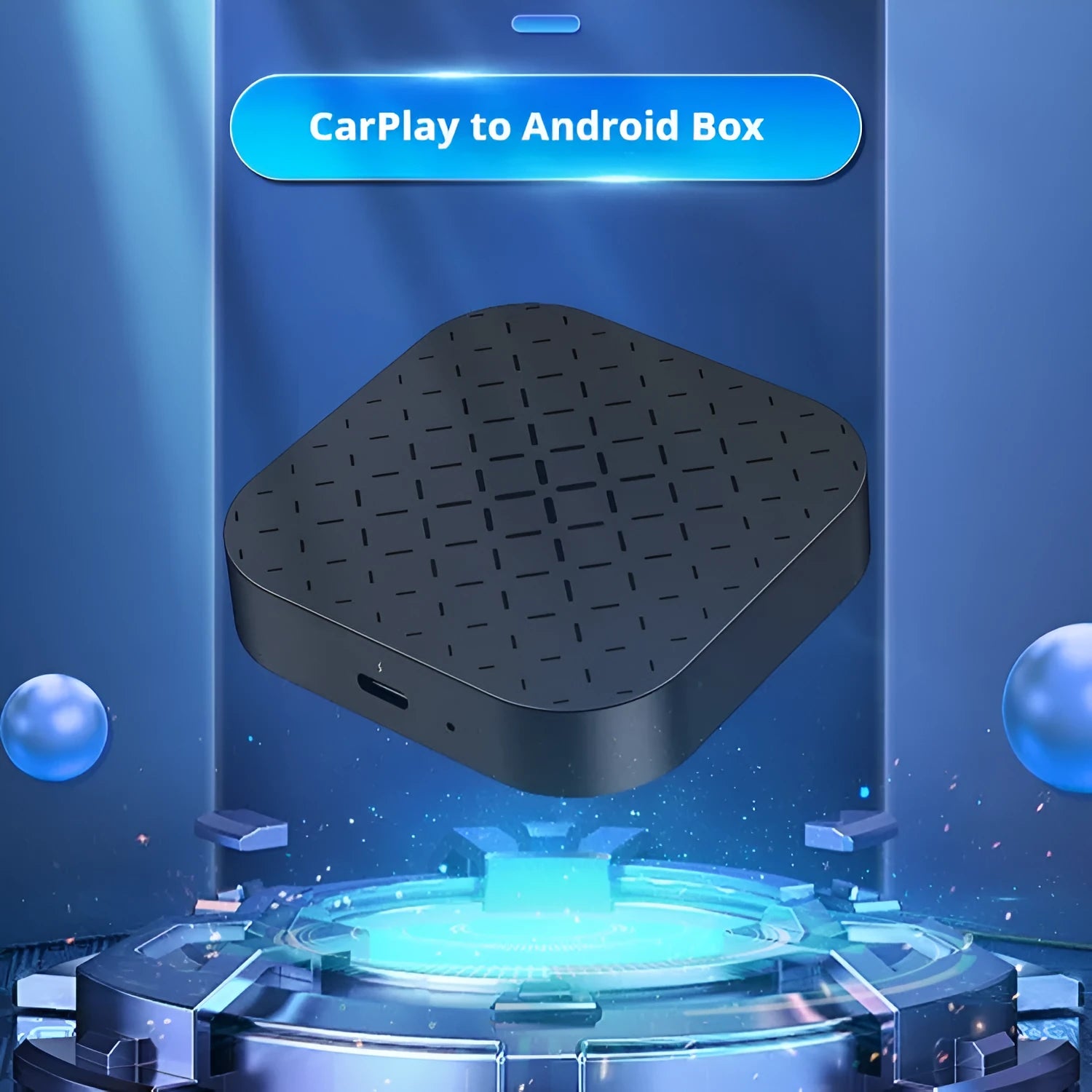 Black wireless CarPlay adapter box for original car systems with wired CarPlay, measuring 79.8mm × 14.7mm