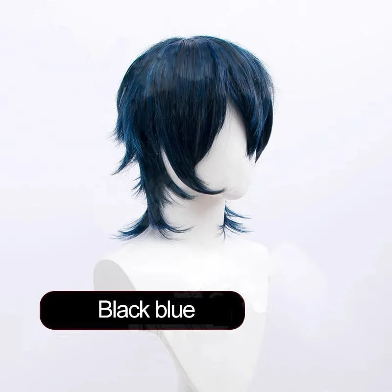 Men's short black anime cosplay wig made from high-temperature synthetic fibre on a stand.