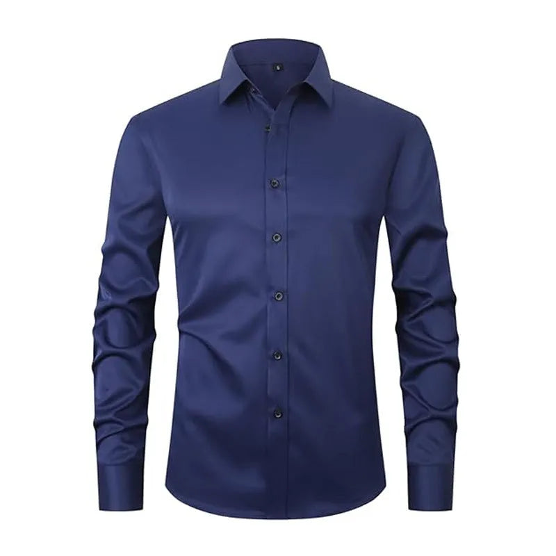 Man wearing a solid-colour stretch long sleeve work shirt made from polyester fabric.