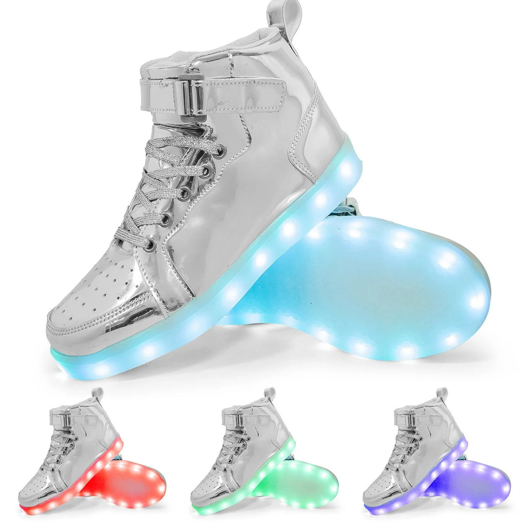 LED high-top board shoes with illuminated lights and Velcro fastening in multiple colour options