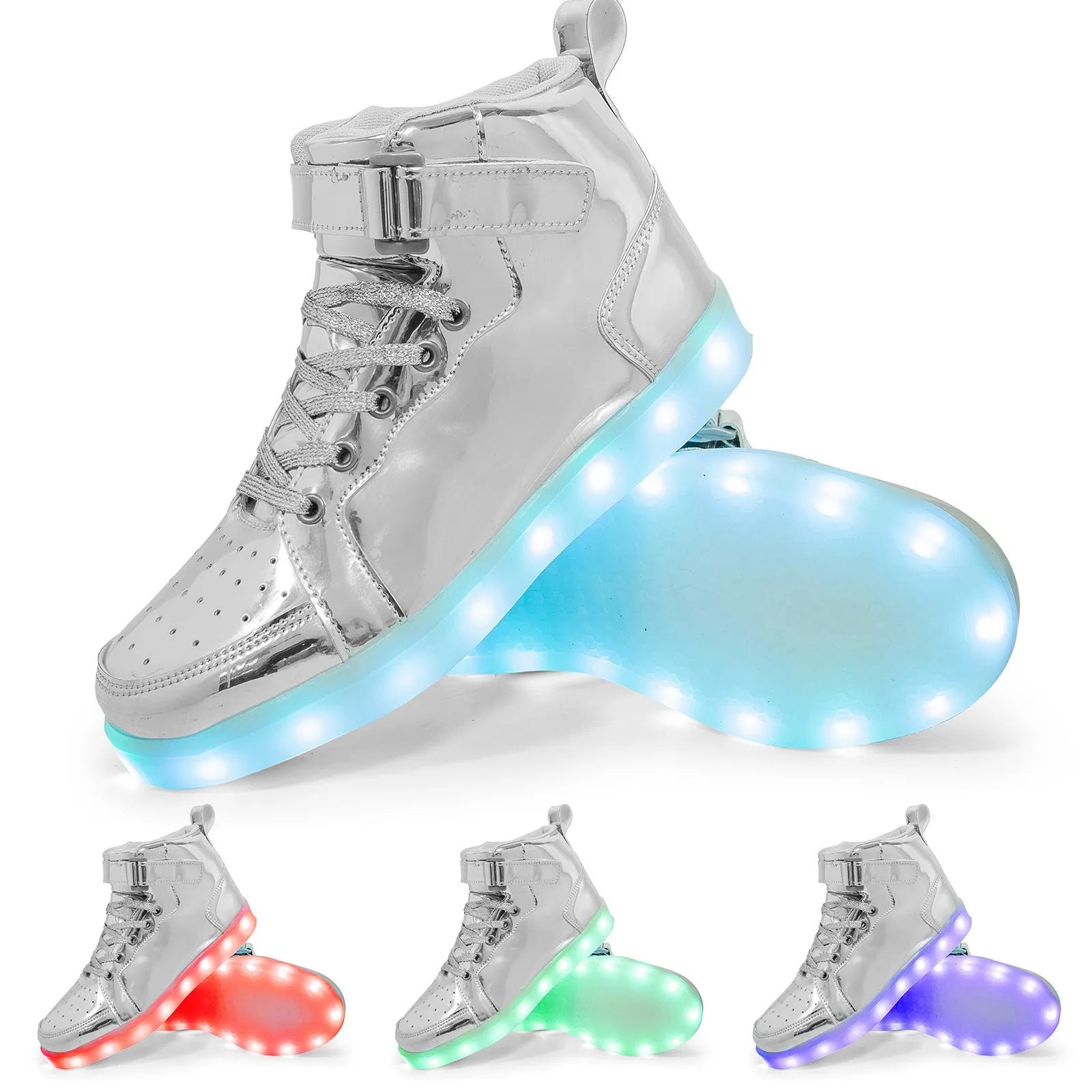 LED high-top board shoes with illuminated lights and Velcro fastening in multiple colour options