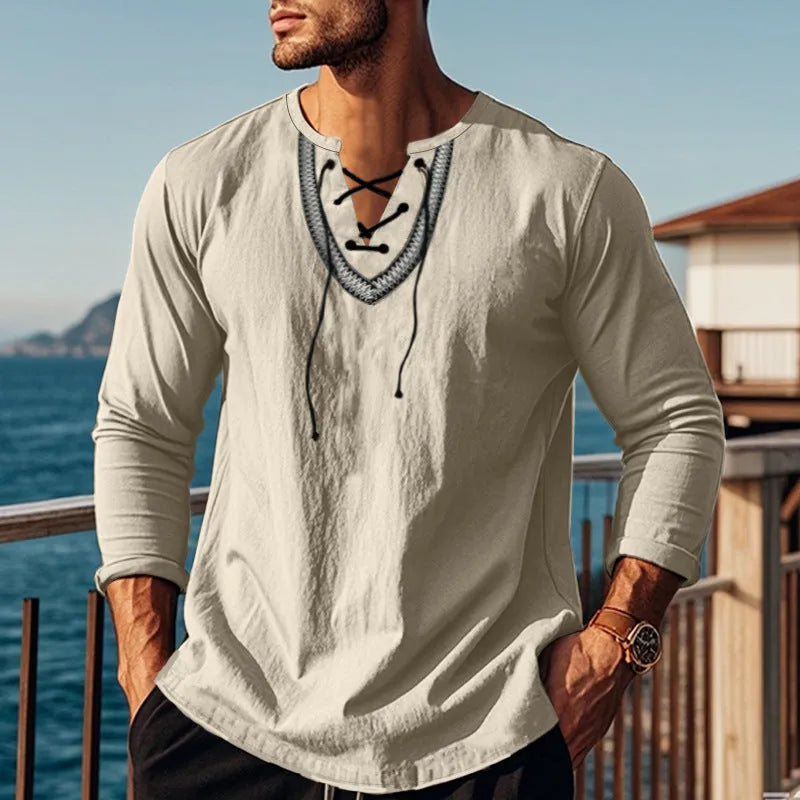 Men's cotton blend pullover retro ethnic style casual long-sleeved shirt in loose fit navy blue
