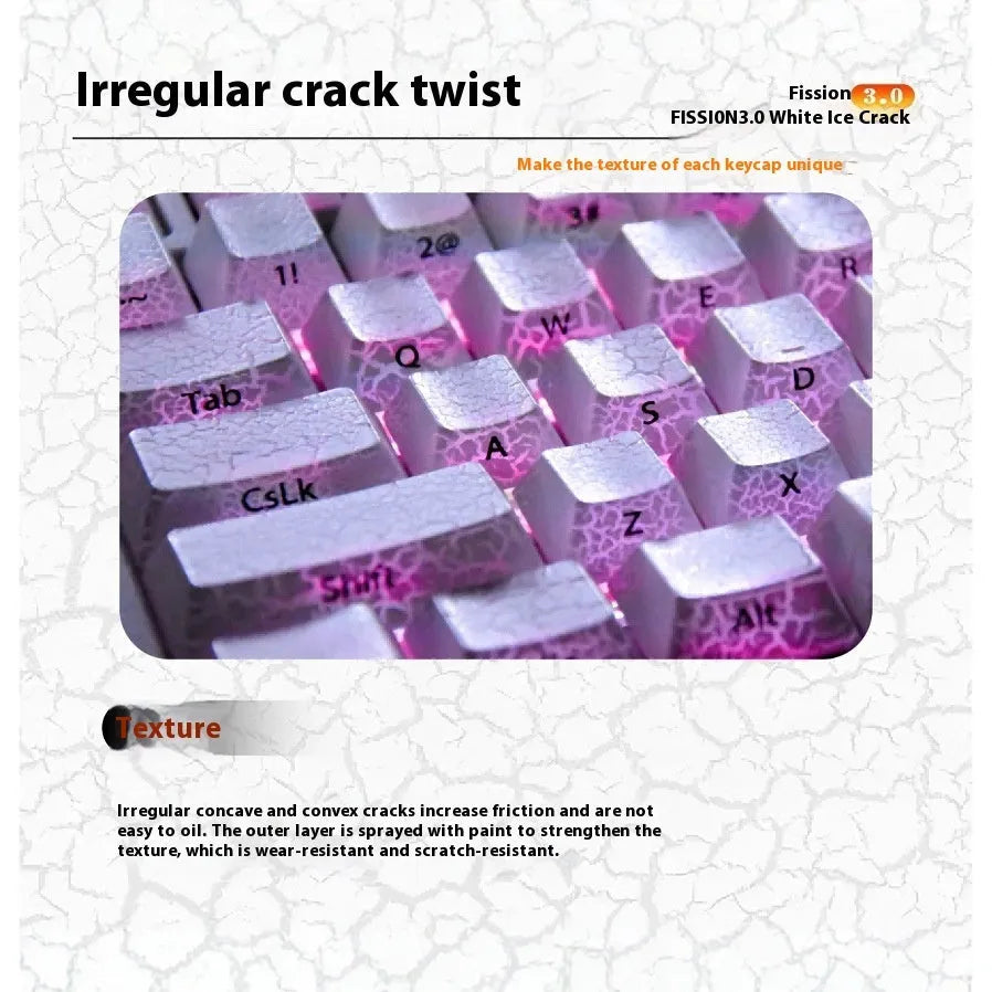White Fission side carving transparent mechanical keyboard keycaps with white double stitching