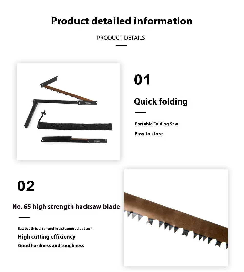 Black outdoor foldable survival saw with aluminium handle shown in open and closed positions.
