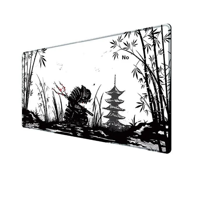 Japanese samurai themed cloth gaming mouse pad with non-slip base on a desk.
