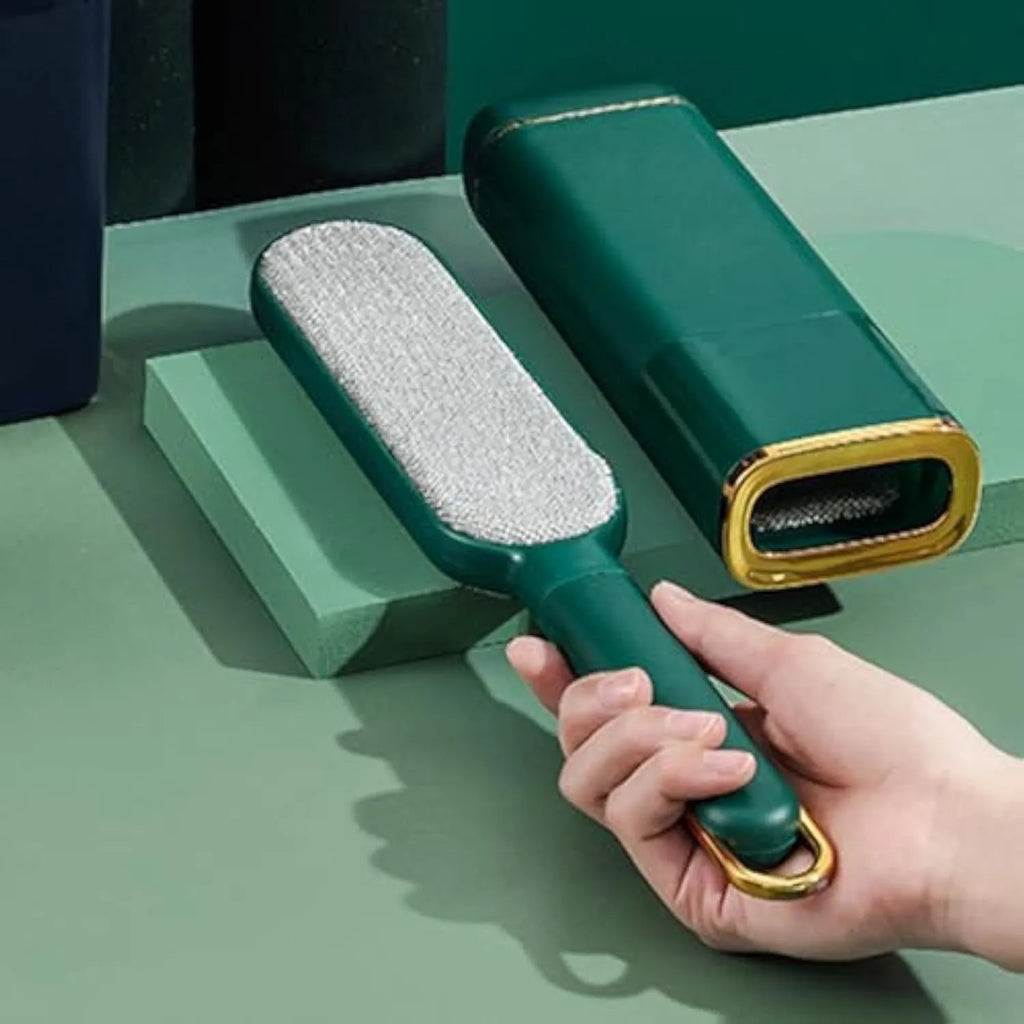 Double-sided pet hair removal brush with plush material in blue, green, and white colour options