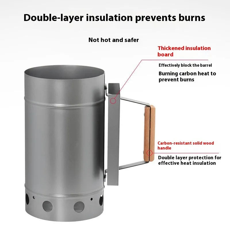 Zinc-iron alloy outdoor charcoal fire bin with point carbon barrel style and oven igniter.