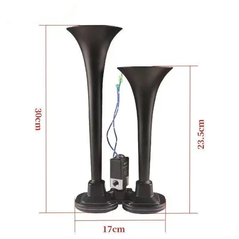 Black 300DB dual trumpet air horn compressor kit for 12V and 24V vehicles.