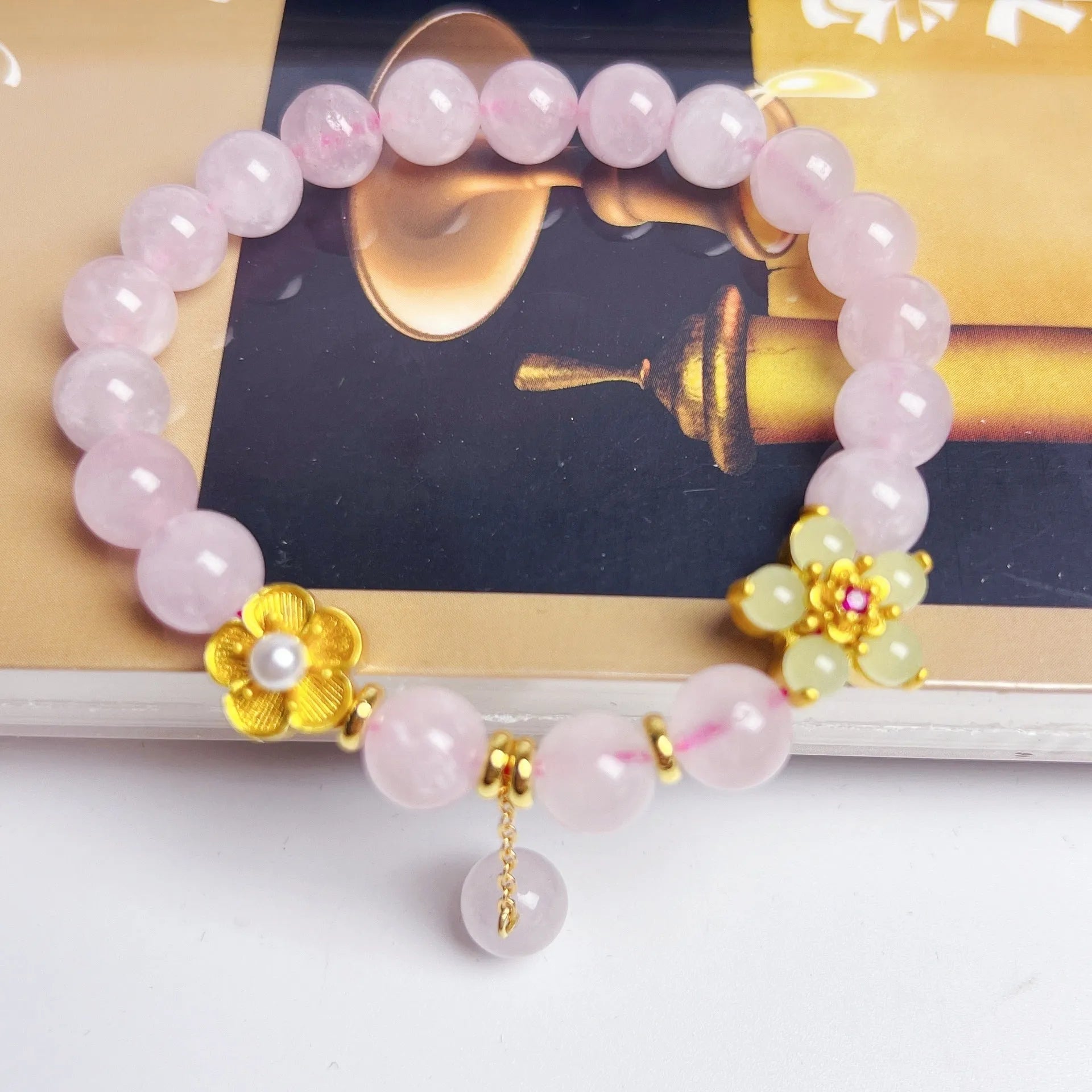NAFU pink crystal peach blossom bracelet for women, handmade Chinese-style jewellery