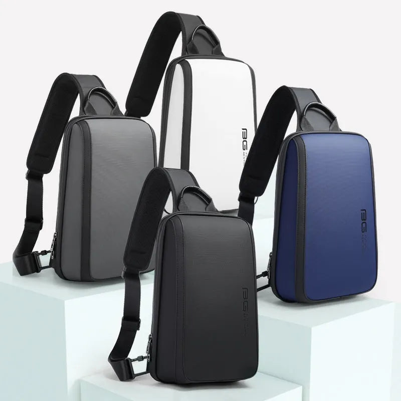 Blue Oxford cloth men's chest bag with double shoulder strap and soft handle.