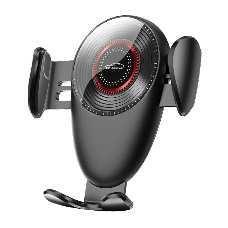 Black universal car phone bracket clipped to car air vent holding smartphone