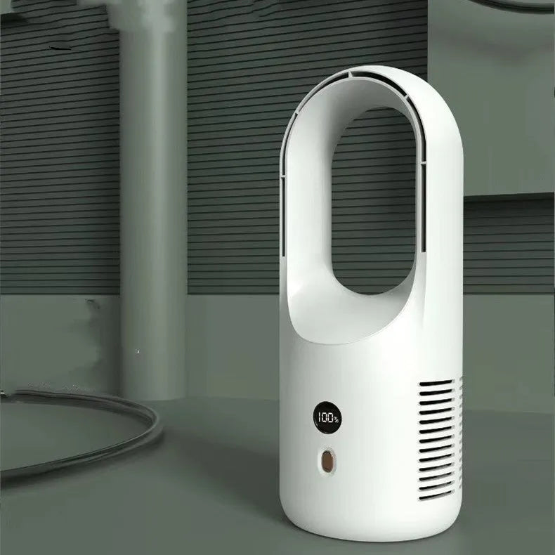 White USB rechargeable bladeless desktop fan with LED display on a wooden desk.