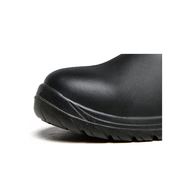 Black leather high-top safety work shoes with anti-piercing protection feature