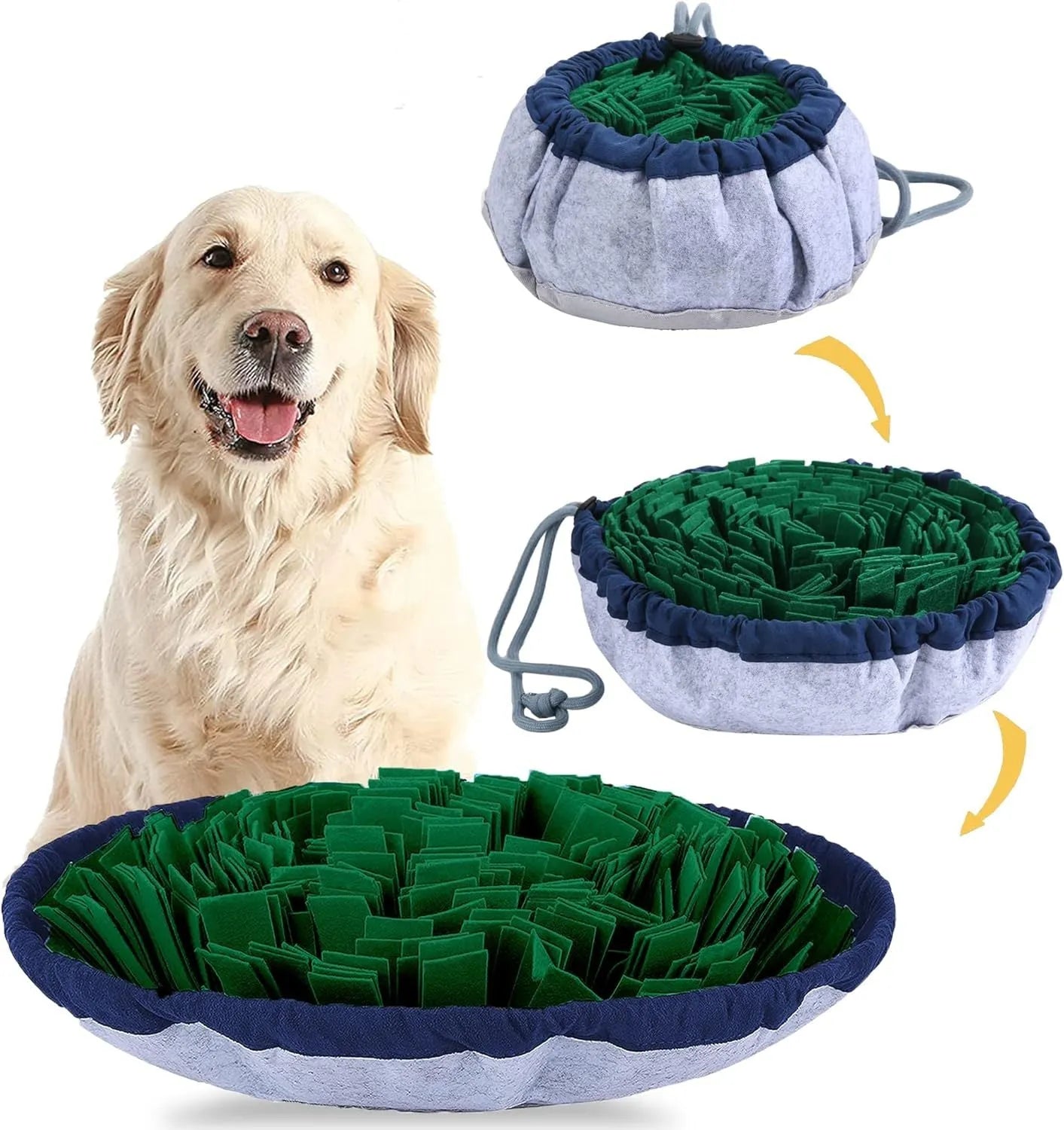 Blue adjustable snuffle mat for dogs used as a puzzle feeding toy for large and small breeds.