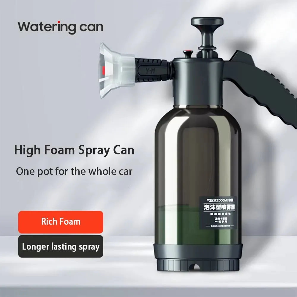 2L black manual car wash foam spray bottle with fan nozzle and watering nozzle on white background