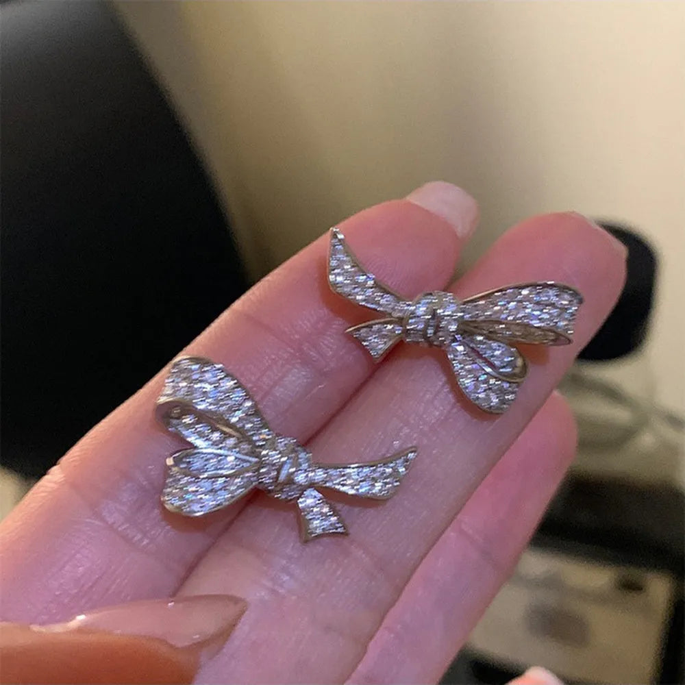 Zircon bowknot ear stud and ring set in gold plated copper with 925 silver needle, affordable luxury style