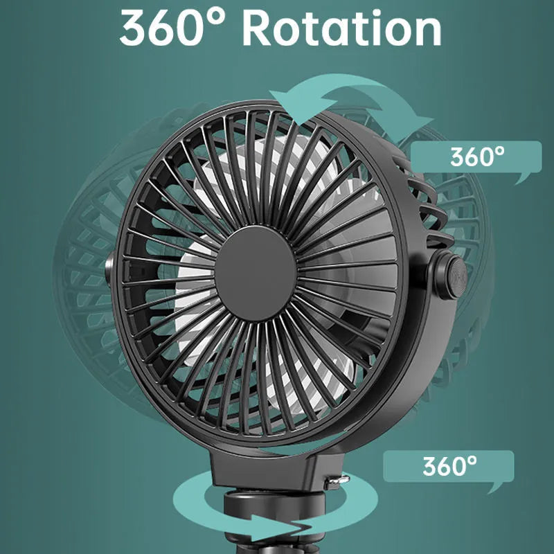 Black flexible tripod clip on USB fan with 2000mAh battery, shown with legs extended.