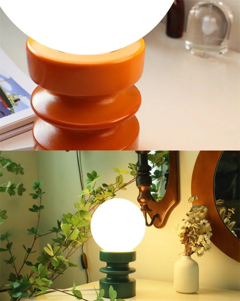 Solid wood and glass Korean style bedside table lamp in orange, green, or red