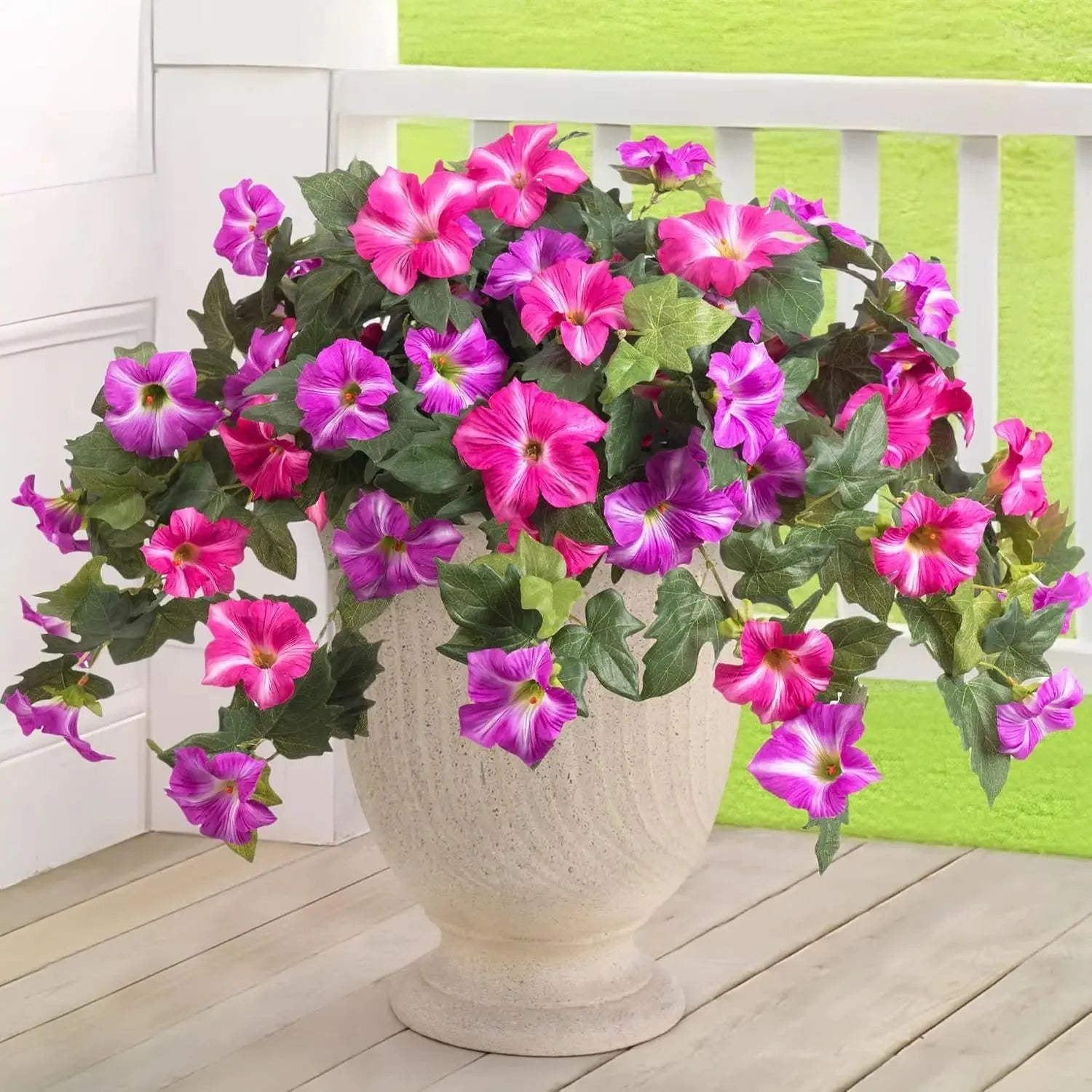 Plastic European courtyard artificial flower container with 12 fork branches and colourful silk flowers.