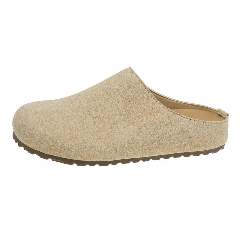 Korean style ugly soft flat outdoor slip-on boken slippers in apricot colour with square toe and PU sole.