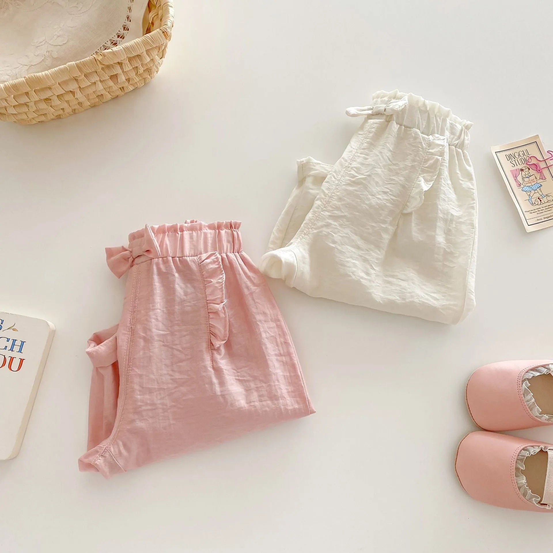 Girls' bow anti mosquito cotton trousers in cream beige, mid-waist casual style for height 100 cm