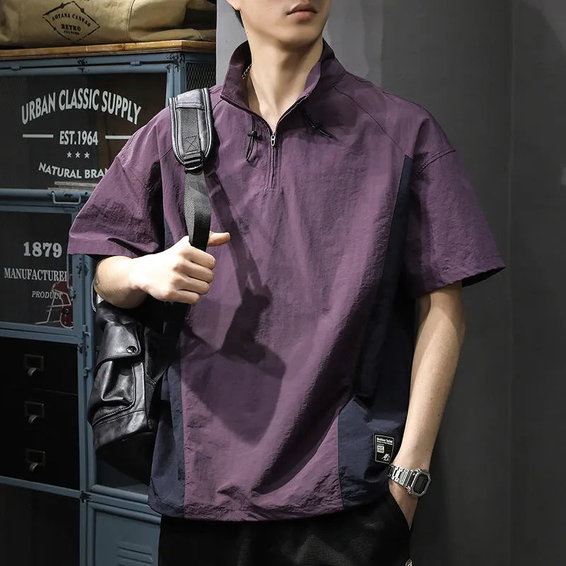 Men's brown half-zip stand collar short-sleeved shirt made from ice silk fabric