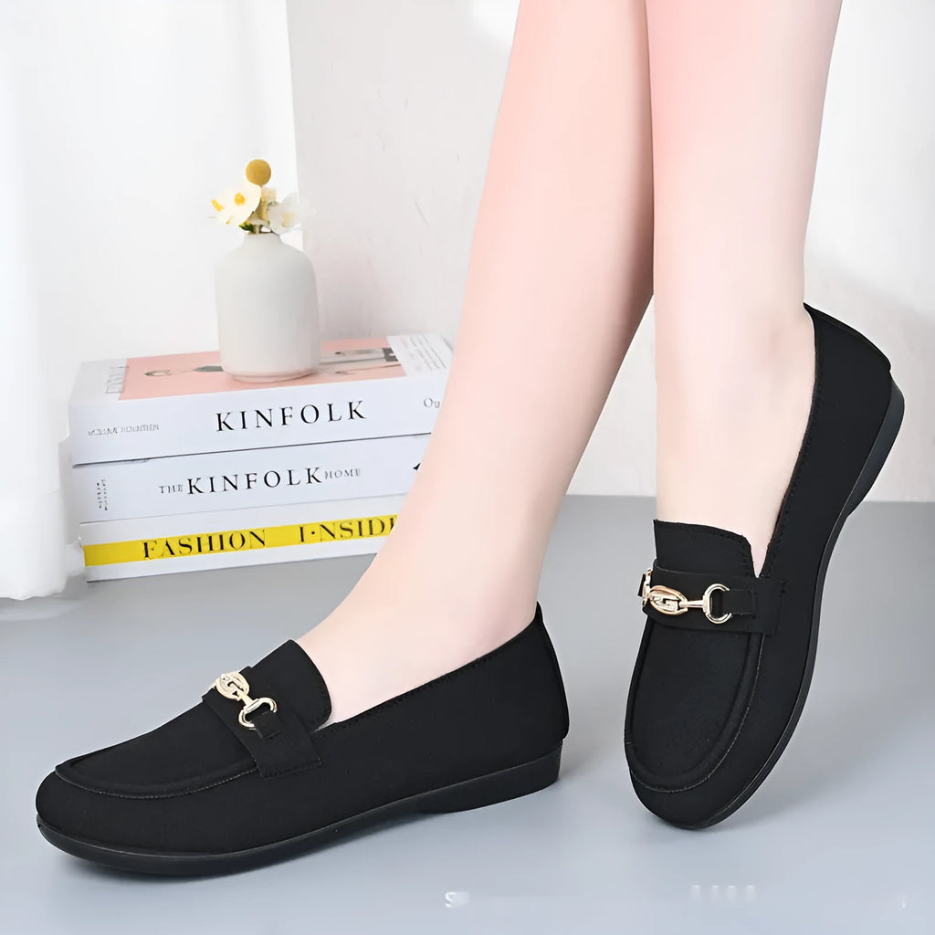 Gommino women's black slip-on casual loafers with round toe and flat rubber sole