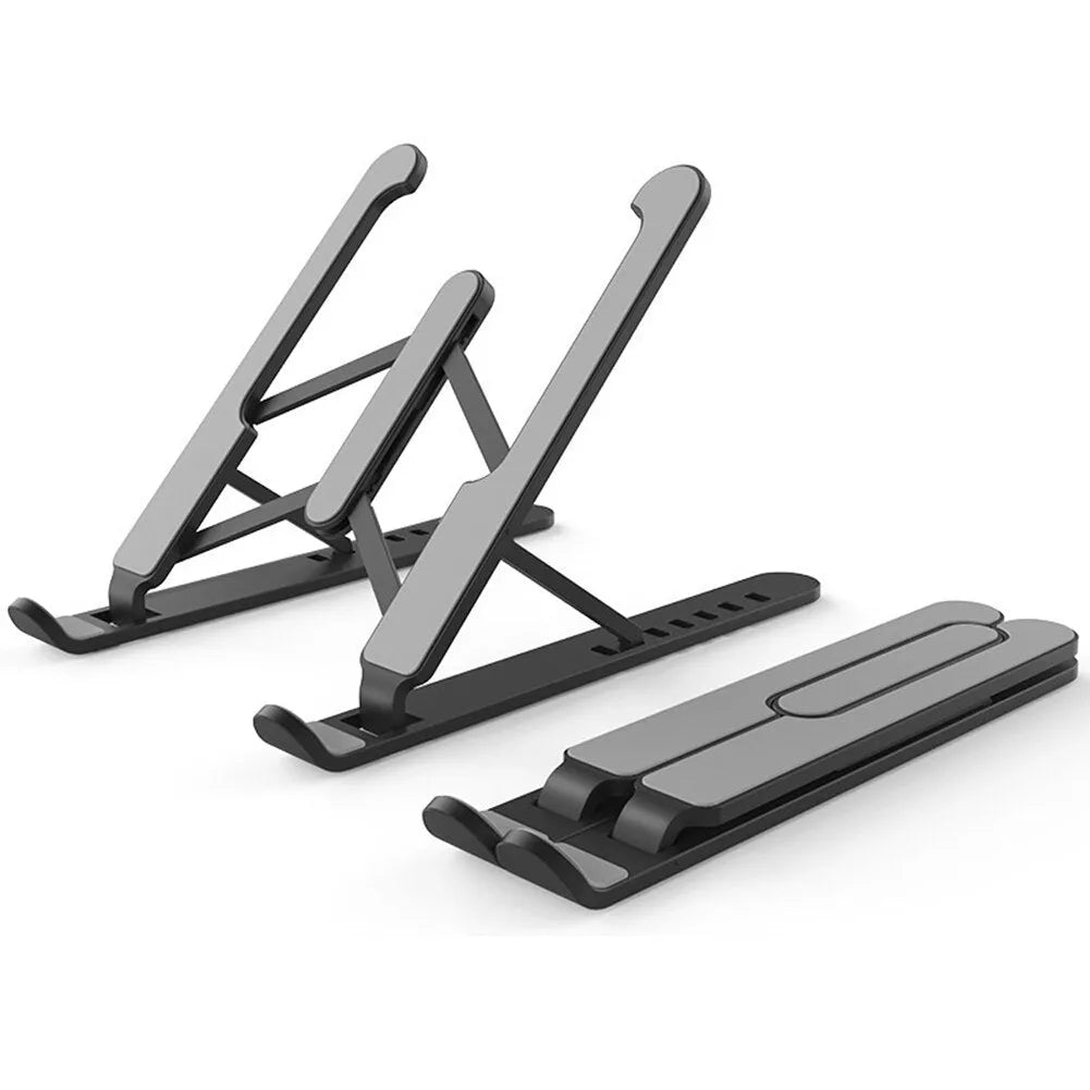 Black ABS adjustable laptop stand with 6 height gears folded flat on a white background