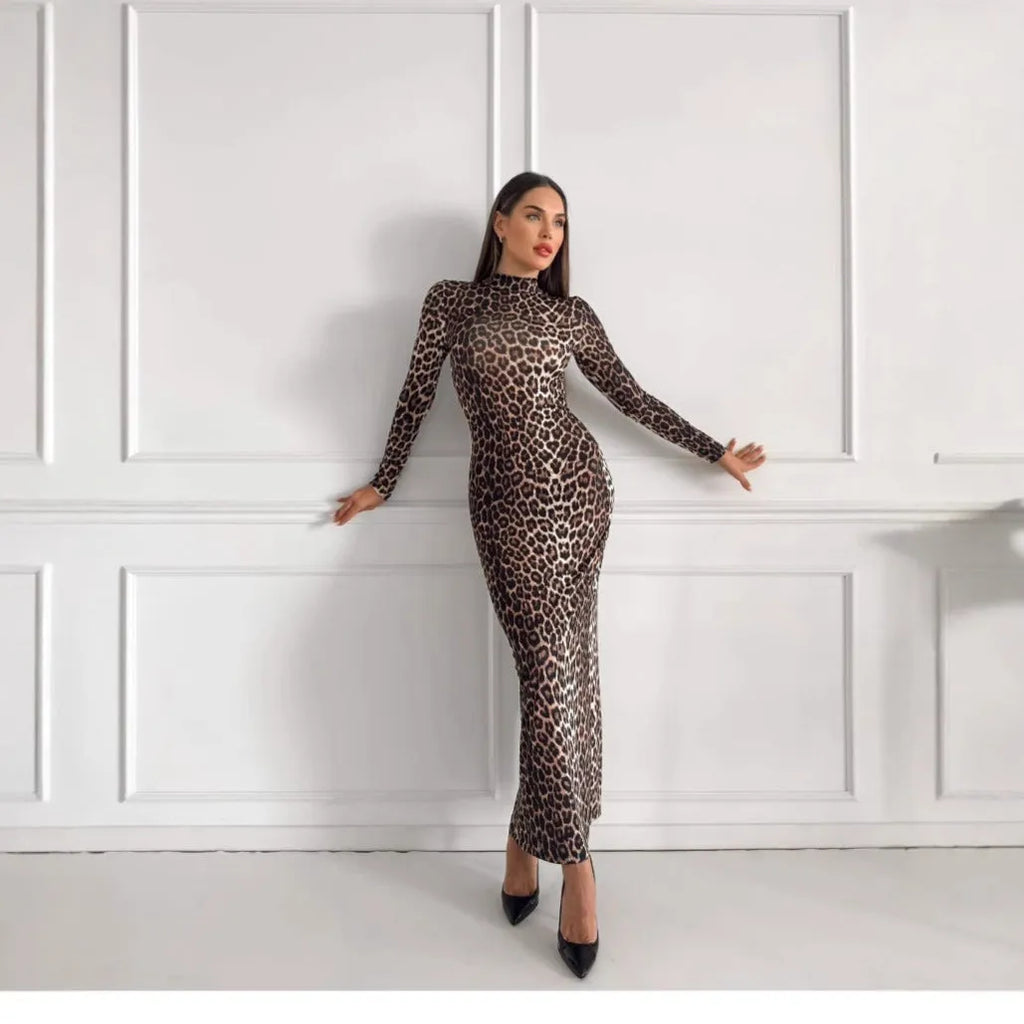 Leopard print long sleeve dress with stand collar and high waist hip skirt design