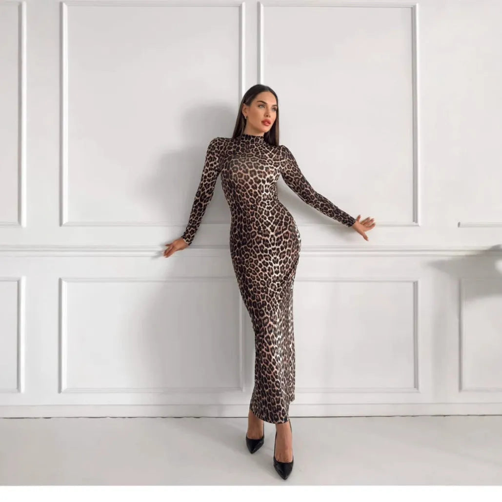Leopard print long sleeve dress with stand collar and high waist hip skirt design