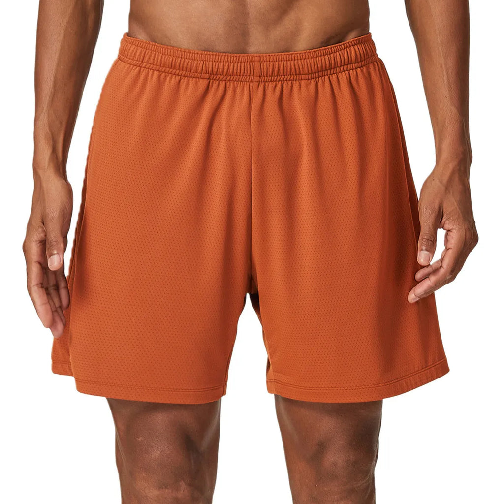 Men's quick-dry running shorts in sky green, showing double-layer construction and mid-waist short length.