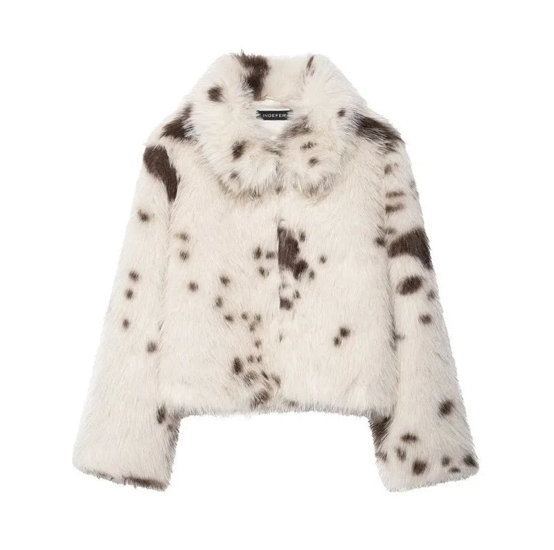 Artificial fur animal pattern coat for women with faux fur collar, brown colour, socialite style