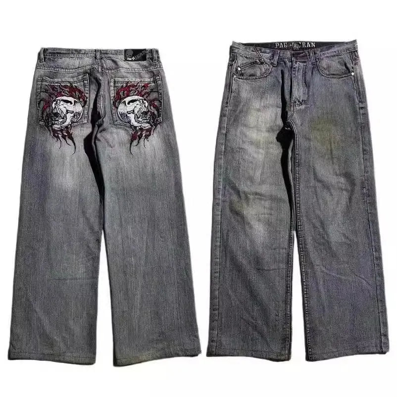 Men's grey washed-out wide-leg jeans with a retro workwear design and straight-leg silhouette.