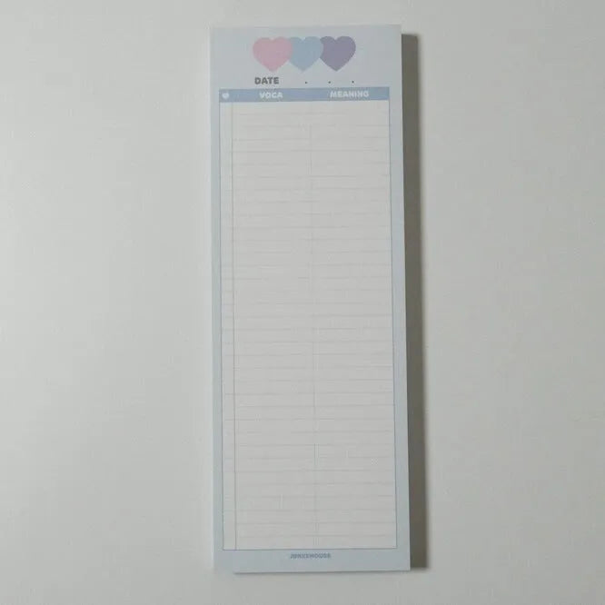 Vertical format English vocabulary notepad in B5 half size showing pink cover and double-sided printed pages